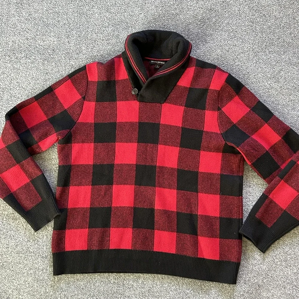 Banana Republic Sweater Mens Large Buffalo‎ Plaid Shawl Collar Pullover Wool